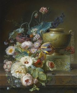Still Life Of Roses, Tulips, And Other Flowers On A Marble Ledge With A Sculpted Marble Urn by Christiaen van Pol