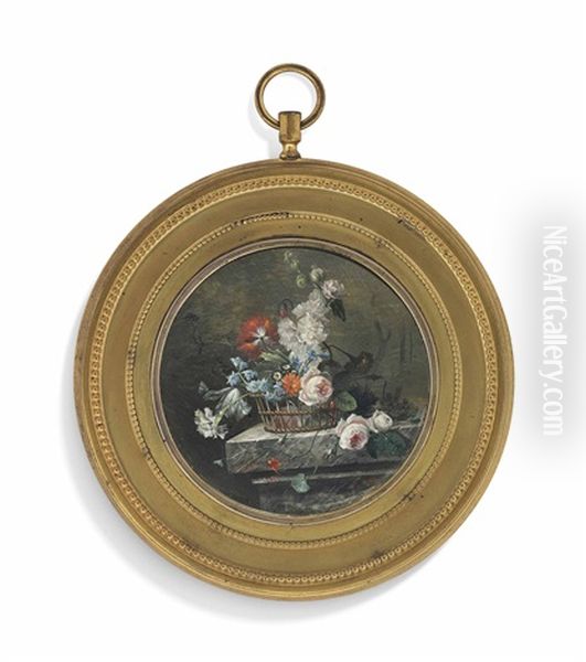 A Still-life Of Flowers In A Basket On A Stone Ledge; Landscape Background - view 1