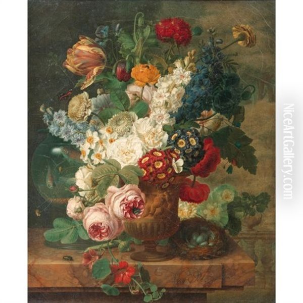Nature Morte Au Vase De Fleurs, Bocal De Poissons Et Nid D'oiseau Sur Un Entablement - view 1
