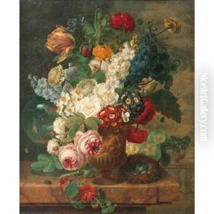 Nature Morte Au Vase De Fleurs, Bocal De Poissons Et Nid D'oiseau Sur Un Entablement by Christiaen van Pol