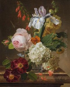 Bouquet De Fleurs Dans Un Vase En Verre Sur Un Entablement De Marbre