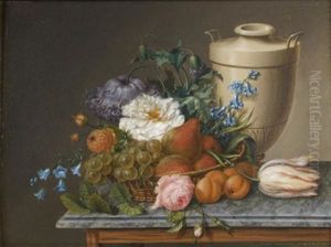 Nature Morte Au Panier De Fleurs Et De Fruits Pres D'un Vase Neo-grec Sur Un Entablement by Christiaen van Pol