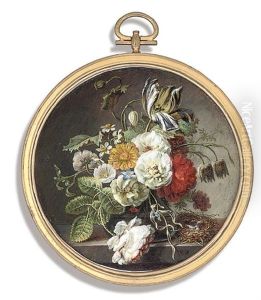 A Fine Still-life Of Flowers On A Stone Ledge Including Roses, A Parrot Tulip, Convolvulus, A Poppy by Christiaen van Pol