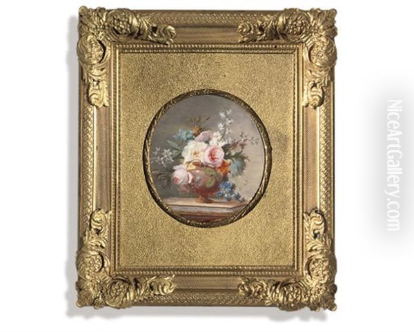 A Still-life Of Flowers In A Vase On A Stone Ledge, Including Old Roses - view 1