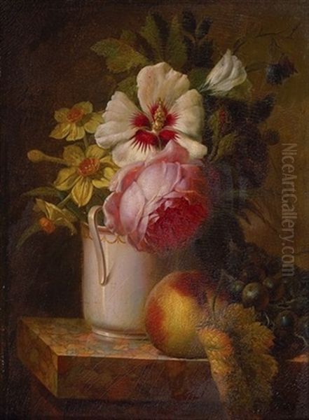 Nature Morte Aux Bouquet De Fleurs, Peches Et Raisins Sur Un Entablement - view 1