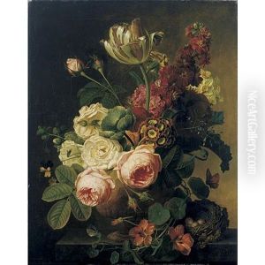 Still Life With A Vase Of Flowers And A Bird Nest On A Ledge