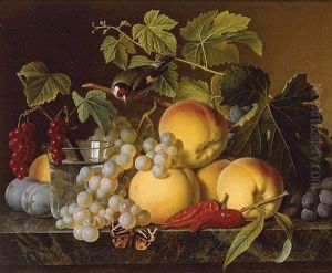 Still Life Of Peaches, Grapes, Plums, Peppers, And A Glass Of Water, All Resting On A Marble Ledge