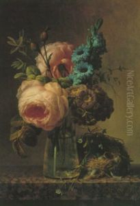 Still Life Of Roses, Primroses And Others Flowers In A Glass Vase, With A Bird's Nest