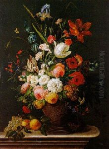 Bouquet De Fleurs Et Fruits Poses Sur Un Entablement