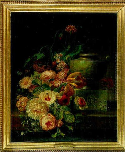 Bouquet De Fleurs Et Vase En Marbre Sur Un Entablement - view 1