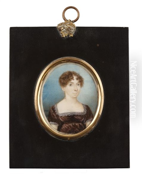 A Lady, Wearing Brown Dress With White Lace Trim To Her Decollete And Sleeves, White Slip, Her Brown Hair Curled And Upswept - view 1