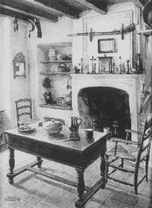 Bauerliches Interieur Mit Offenem Kamin, Keramikgefasen Und Gewehr by Franz Poledne