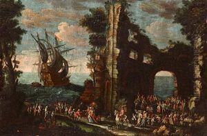 A Coastal Landscape With Elegant Figures Before Ruins (+ A Coastal Town With Figures On A Quay, Shipping Beyond; Pair) by Gherardo Poli