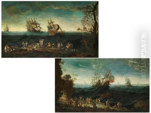 Felsige Kustenlandschaften Mit Bewegter See Und Grosen Segelschiffen, Im Vordergrund Personenstaffage (pair) Felsige Kustenlandschaften Mit Bewegter See Und Grosen Segelschiffen, Im Vordergrund Personenstaffage (pair)