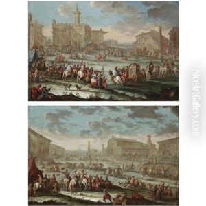 A Capriccio Of A Town With Elegant Figures Arriving On Horseback And In Carriages, A Couple Dancing In The Centre Of The Square (+ A Capriccio Of A Town With Figures On Horseback Resting For Refreschments, A Man Being Drawn Iin A Cart In The Foreground; P