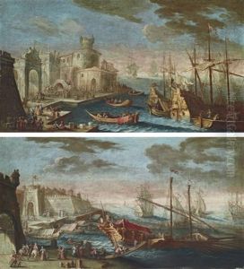 A Mediterranean Harbour (+ A Mediterranean Harbour With Figures On The Quay; Pair) by Gherardo Poli