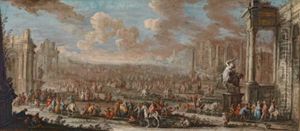 Phantastische Ansicht Einer Stadt Mit Einem Volksfest Und Vielen Figuren Sowie Karossen