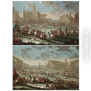 A Capriccio Of A Town With Elegant Figures Arriving On Horseback And In Carriages (+ A Capriccio Of A Town With Figures On Horseback Resting For Refreshments; Pair) by Gherardo Poli