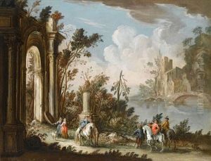 A River Landscape With Cavaliers Conversing Before Ruins, A Bridge And A House Beyond