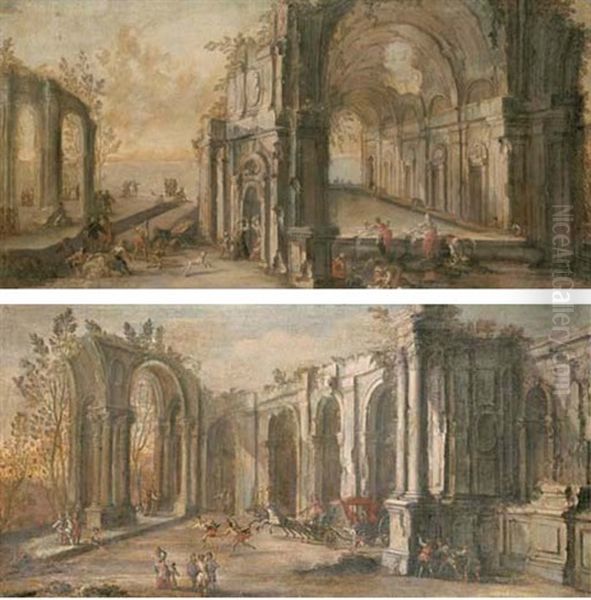 Washerwomen And Other Figures Among Architectural Ruins (+ An Elegant Carriage Dashing Through Architectural Ruins; Pair) - view 1