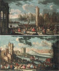 A Capriccio Of A Mediterranean Port With Stevedores Unloading Cargo... (+ A Capriccio Of A Mediterranean Coastal Town ...; Pair) by Gherardo Poli