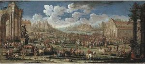 An Architectural Capriccio With Elegant Company In Carriages And Other Figures Gathering Around A Commedia Dell'arte Performance by Gherardo Poli