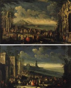 Dame, Gentiluomini, Contadini E Soldati Di Fronte Ad Un Palazzo Presso Il Mare