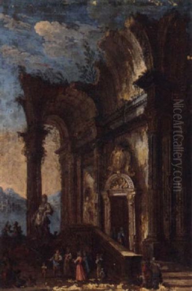 Elegant Company Conversing Before A Capriccio Of Classical Ruins - view 1