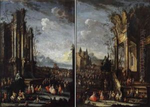 Aristocratici, Contadini Ed Altri Asanti Presso Ruderi Con Una Fontana, Ed Una Rapprensentazione Della Commedia Dell'arte Sullo Sfondo