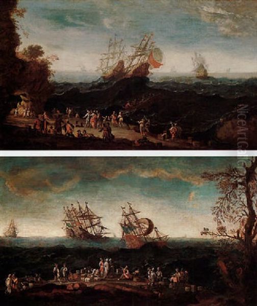 Capriccio Con Sbarco Di Mercanti In Un Approdo Da Galeoni Sul Mare In Burrasca - view 1