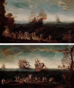 Capriccio Con Sbarco Di Mercanti In Un Approdo Da Galeoni Sul Mare In Burrasca