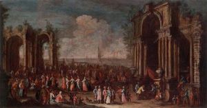 A Capriccio Of Numerous Figures On The Quayside Beneath Roman Ruins by Gherardo Poli