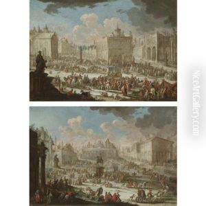 A Capriccio Of A Town With Galleys, Actors Performing On A Stage, And A Statue In The Foreground (+ A Capriccio Of A Town With Numerous Figures, A Horse-drawn Carriage And An Equestrian Statue In The Centre Of The Square; Pair) by Giuseppe Poli