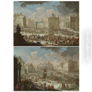 A Capriccio Of A Town With Galleys, Actors Performing On A Stage, And A Statue In The Foreground (+ A Capriccio Of A Town With Numerous Figures; Pair) by Giuseppe Poli