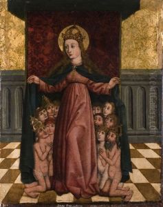 Schutzmantelmadonna Unter Einem Baldachin Mit Schutzsuchenden