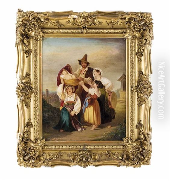 Italienische Familie Mit Schlafendem Kind In Landschaft - view 1