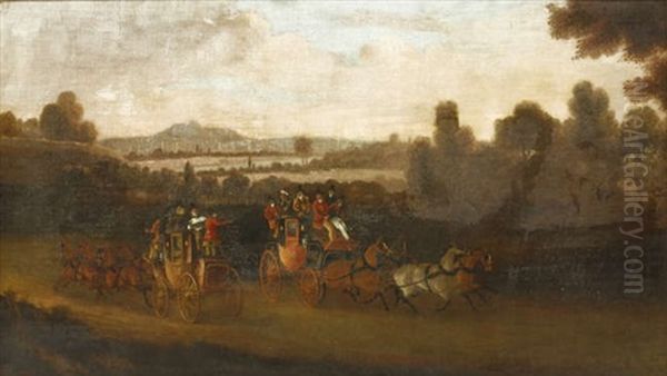 Two Royal Mail Coaches Passing Each Other In A Wooded Landscape - view 1