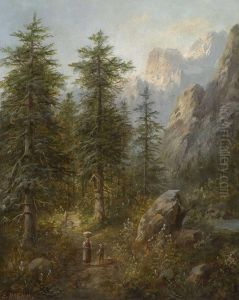 Bauerin Mit Kind In Waldlandschaft by Eduard Boehm