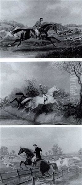 Taking The Fence Crossing A Ditch Full Cry: A Set Of Three Paintings - view 1