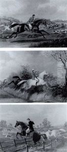 Taking The Fence Crossing A Ditch Full Cry: A Set Of Three Paintings by James Pollard