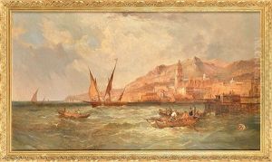 Malaga - A Spanish Coastal Scene Depicting Fishermen In Rowing Boats And Other Vessels In Open Water Off The Malaqueta Quay