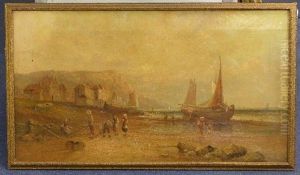 Fisherfolk On The Shore At Low Tide by Alfred Pollentine