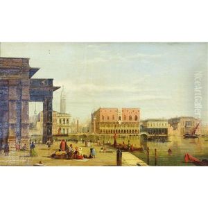 Venice With The Ducal Palace And The Campanile Tower And Grand Canal With Campanille Tower And Spectators (pair)