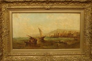 Seascape With Boats In Water By Coastline by Alfred Pollentine
