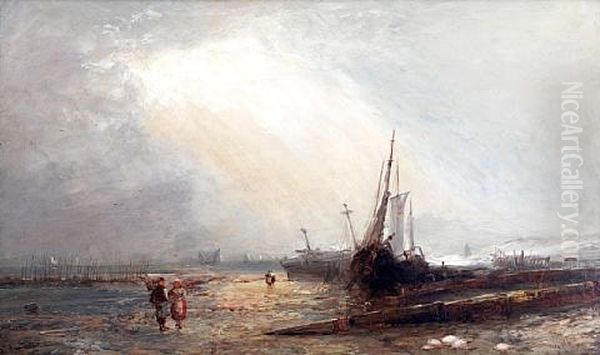 Shore Scene With Beached Fishing Boats And Figures - view 1