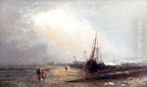 Shore Scene With Beached Fishing Boats And Figures Shore Scene With Beached Fishing Boats And Figures