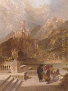Figures On A Terrace Before An Italianate Lake, A Hilltop Castle Beyond