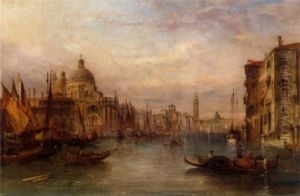 Gondolas On The Grand Canal With A View Of Santa Maria Della Salute, Venice by Alfred Pollentine