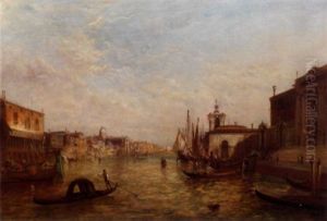 Gondoliers On The Grand Canal Near The Punta Della Dogana With Palazzo Ducale Beyond, Venice by Alfred Pollentine