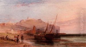 Fishermen By The Shore Of A Coastal Sea Village by Alfred Pollentine